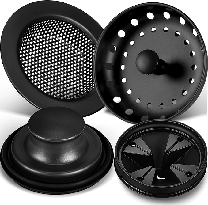 4 Pcs Matte Black Kitchen Sink Accessories Garbage Disposal Splash Guards 3.4'' Sink Drain Strainer and Stopper Stainless Steel Garbage Disposal Plug for Kitchen Drain Strainer