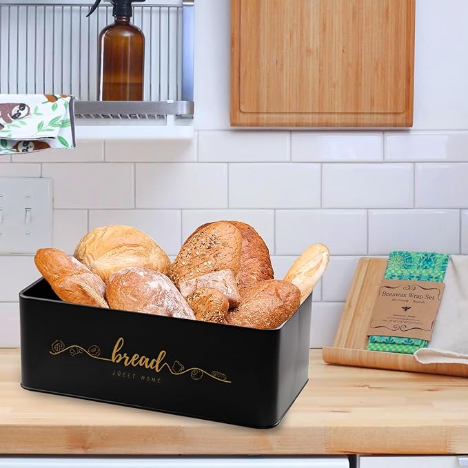 Bread Box with Bamboo Cutting Board Lid, Metal Bread Box for Kitchen Counter, Small Bread Storage Container, Black Bread bin for Kitchen Countertop