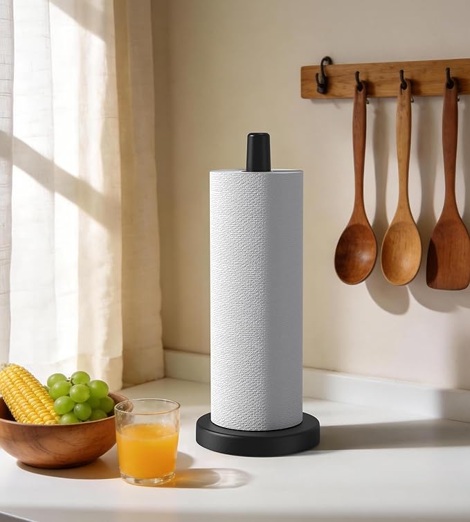 KitchLife Wooden Paper Towel Holder Countertop - Solid Freestanding Paper Towel Dispenser Stand with Anti-Skid Base (Black)