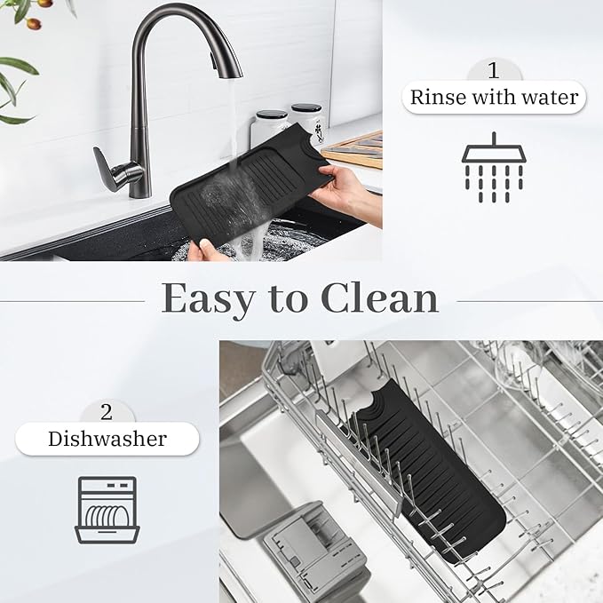 PoYang 24 Inch Faucet Mat for Kitchen Sink Splash Guard Behind Faucet, Sink Protectors for Kitchen Sink Faucet Mat Splash Guard for Kitchen Sink Area, Longer Silicone Faucet Guard Draining Mat, Black