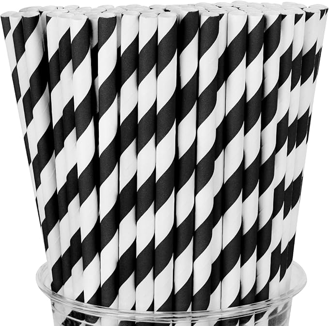 100 Packs Black Biodegradable Striped Paper Straws, Disposable Drinking Straws for Birthday Carnival Summer Pool Party Wedding Baby Shower Halloween Christmas Party Decoration Supplies