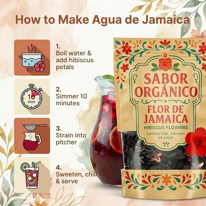1lb Whole Dried Hibiscus Flowers (Flor de Jamaica) for Hibiscus Tea & Mexican Agua Fresca | Natural, Non-GMO, No Preservatives | Resealable Stand-Up Pouch by Sabor Orgánico