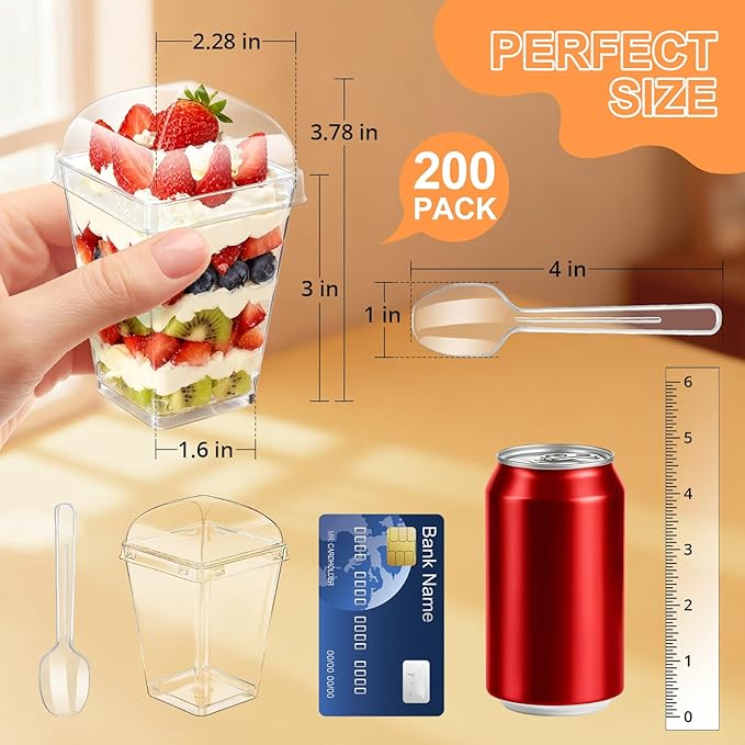200 Pack 5oz Plastic Dessert Cups with Lids and Spoons, Mini Clear Yogurt Parfait Cups with Lids, Small Dessert Shooter Cups, Square Appetizer Cups for Party Fruit Pudding Trifle Ice Cream Tasting
