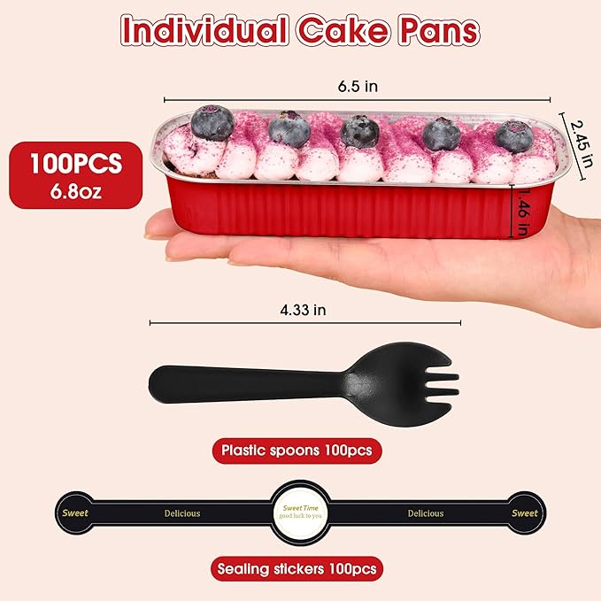 100 Pack Mini Cake Pans with Lids and Spoons, Disposable Aluminum Foil Cake Tins（6.8oz） Individual Small Cake Baking Containers for Party, Wedding, Birthday