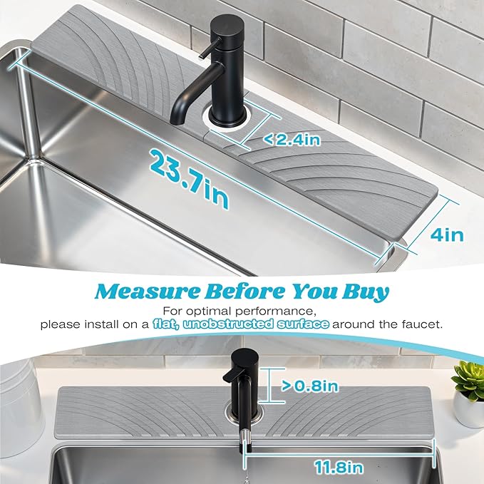 Stone Faucet Mat for Kitchen Sink - Fast Drying Diatomite Stone Drying Mat, Textured Drainage Sink Protector, Water Splash Guard with Base Pads for Bathroom Counter (23.7x4 in, Light Gray)