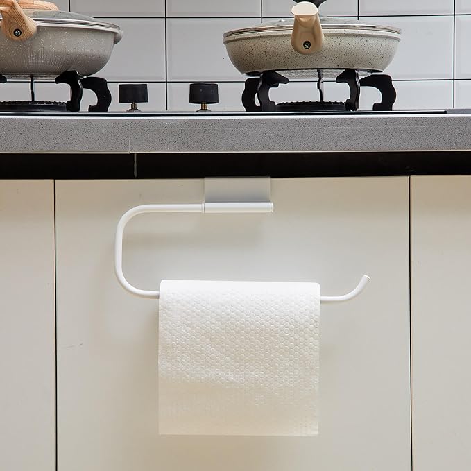 12.4 Inches Cabinet Door Paper Towel Holder Camper Under Sink No Drilling Paper Towel Storage and Dispenser for RV Kitchen Bathroom Laundry Room, Stainless Steel(White,1 Pcs)