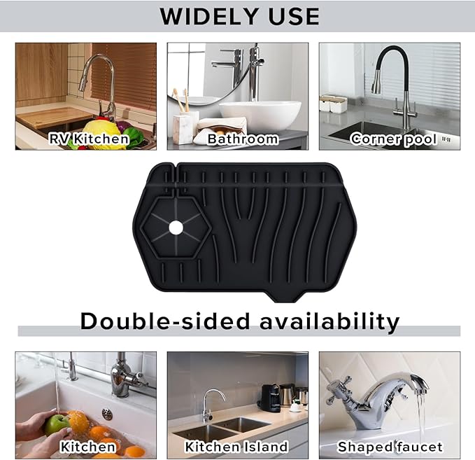 Silicone Sink Splash Guard Kitchen Splash Guard for Sink Splash Prevention Faucet Mat for Kitchen Sink Faucet Guard, Draining Mat Faucet Mat for Kitchen Sink Faucet Splash Guard（Black）