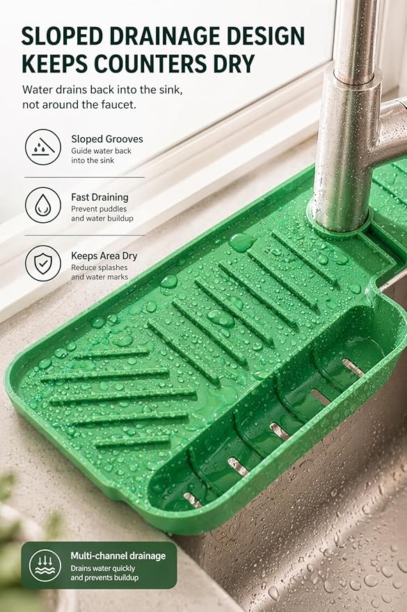 Silicone Kitchen Sink Splash Guard Faucet Mat with Deep Storage Trays,for Sponge Brush,Sloped Draining, Countertop Protector,For Tidy Homes,Renters,Bonus Sponge