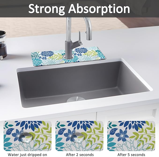 15" X 5.5" Kitchen Sink Splash Guard Faucet Mat Floral Super Absorbent Fast Drying Faucet Guard & Draining Mat Sink Splash Guard Behind Faucet for Kitchen, Bathroom