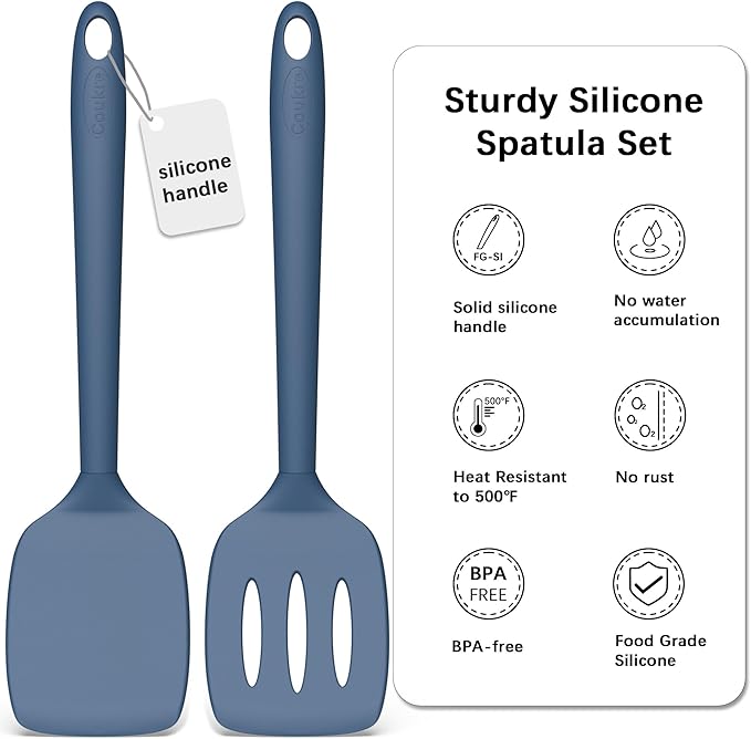 Coukre 2 Pack Silicone Spatula Set, High Heat Resistant, BPA Free Kitchen Spatula, Solid & Slotted Turner for Non-Stick Pans, Sautéing, and Flipping (2, PureDarkBlue)