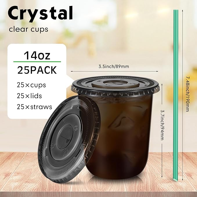 Baderke 25 Set Plastic Cups with Lids and Straws, Disposable Plastic Iced Coffee Cup for Cold Beverage Juice Smoothie Crystal for Coffee Shops Party Catering(Black,14 oz)