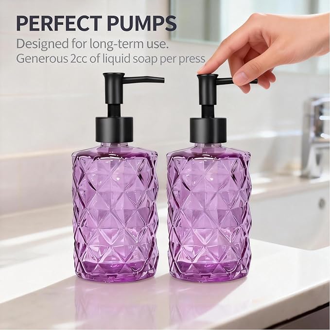 Glass Hand and Dish Soap Dispenser Set of 2 with Plastic Pumps, Bamboo Tray, 12oz Purple Bathroom Soap Dispenser with Diamond for Hand Wash & Dish Wash, Ideal for Bathroom Kitchen Countertop