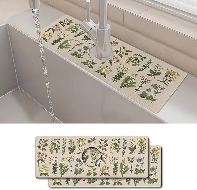 2PCS 15" X 5.5" Kitchen Sink Splash Guard Faucet Mat Floral Super Absorbent Fast Drying Faucet Guard & Draining Mat Sink Splash Guard Behind Faucet for Kitchen, Bathroom