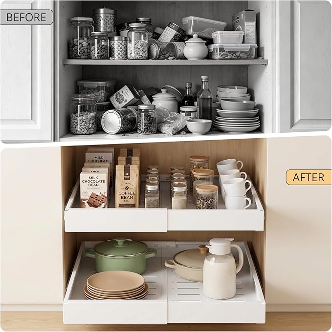 DOMNIU 4 Pack Pull Out Cabinet Organizers Expandable Width (12.4''-20.27''), Metal Slide Out Drawers, Upgrade 3 Slide Rails Sliding Drawer for Kitchen Cabinet Organizer with Adhesive Nano Film, White