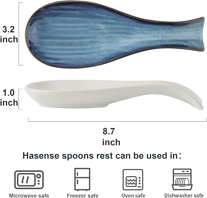 Ceramic Spoon Rest for Stove Top,Large 8.7 Inch Spoon Holder for Kitchen Counter,Porcelain Rest for Thankgiving and Christmas Gift,Dishwasher Safe and Heat-Resistant,White and Blue(2 PC)