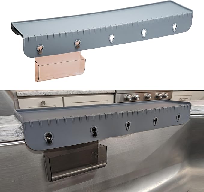 SiliSink XL Silicone Edge Guard for Kitchen Sink - Fits 3.75” - 4” Wide - The Original Silicone Sink Edge Protector with Sponge Caddy - Splash Guard, 20” Gray