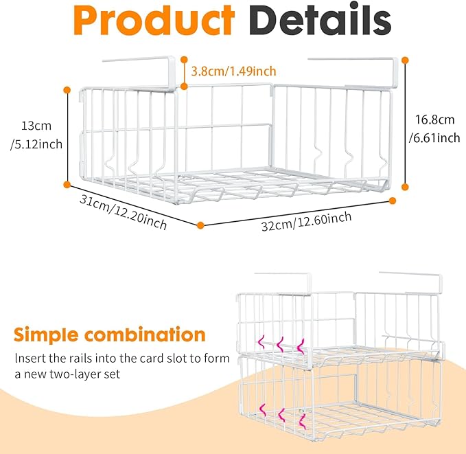 Hanging Under Shelf Storage Basket, 4 Pack Foldable Under Cabinet Metal Desk Storage Wire Rack Organizer for Kitchen Pantry Bookshelf Office Home, Easy to Install Slide-in Under Shelves (White)