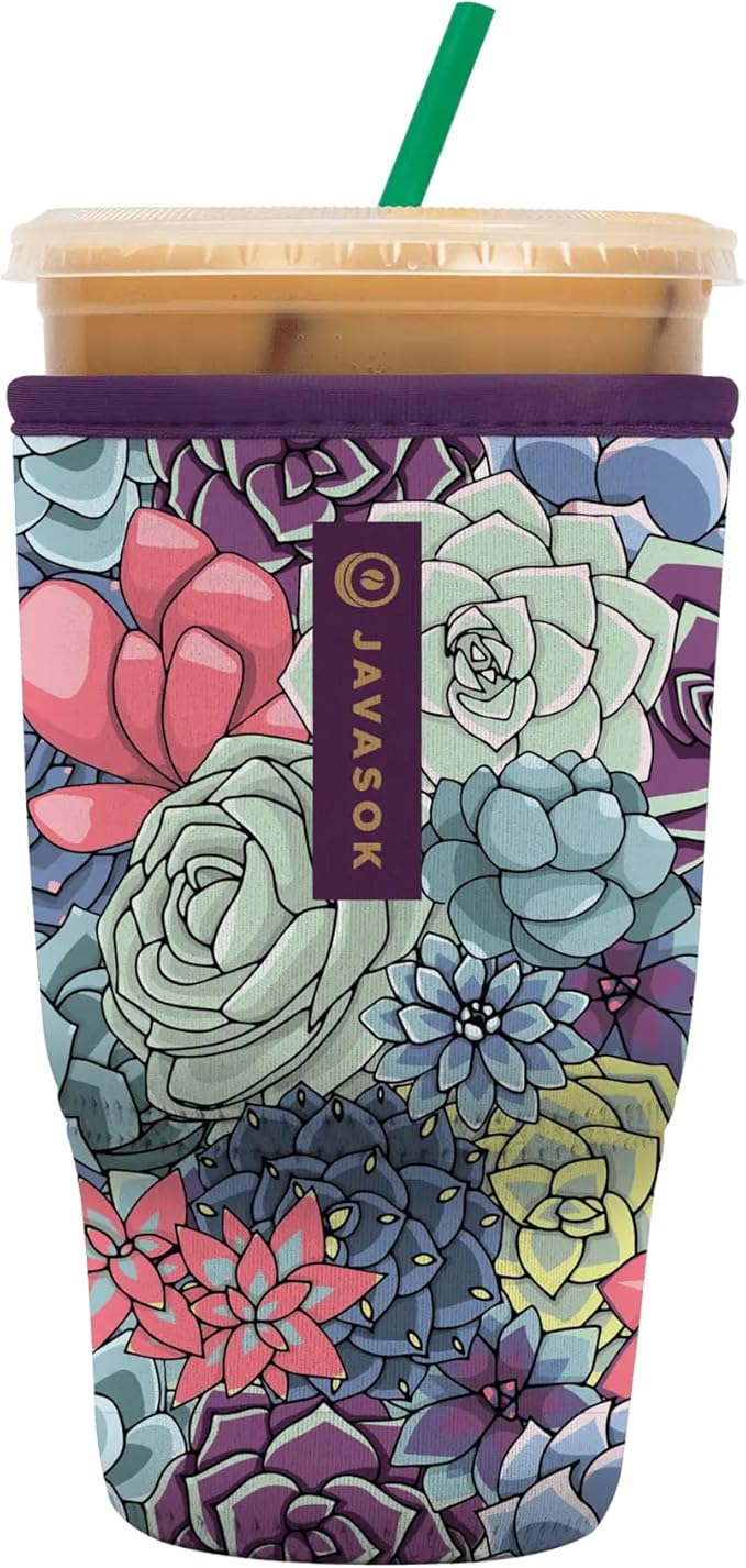 Sok It JavaSok Iced Coffee & Cold Soda Insulated Neoprene Cup Sleeve (Succulents, Large: 30-32oz)