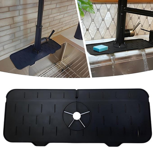 Silicone Sink Splash Guard, Drip Catcher Tray Mat | Kitchen Guard Gadgets Sink Accessories, Kitchen Sink Sponge Holder | 15" x 5.5" Drying Mat for Kitchen Counter, Faucet Accessories - Black