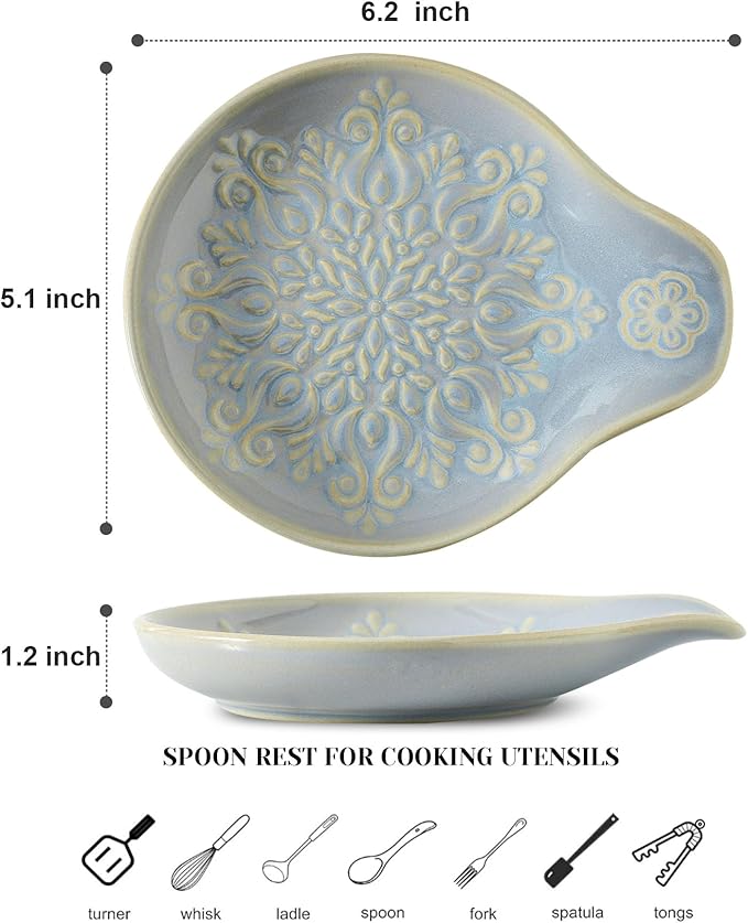 Farmhouse Ceramic Spoon Rests Holder for Kitchen Counter Stove Top (Lightblue-A3)