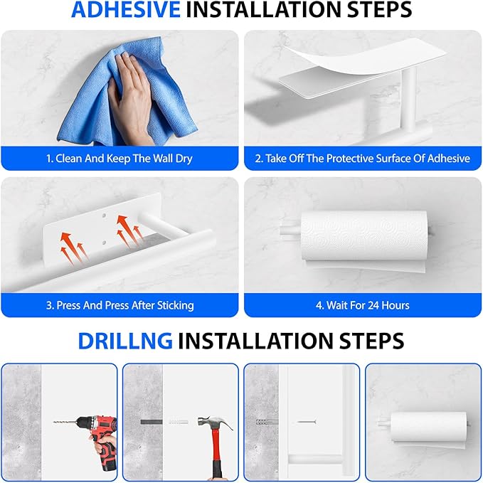 Paper Towel Holder Under Cabinet, Self-Adhesive,No Drilling, Stainless Steel, Wall-Mounted for Kitchen and Bathroom, Easy Install, Durable, Space-Saving, Ideal for Home, RV (White, 2 Pack)