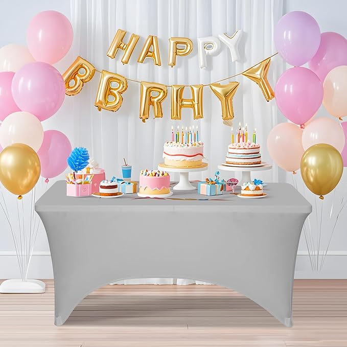 2 Pack 6 Feet Grey Spandex Tablecloth for Rectangular Tables, Fitted & Stretch, Washable, Wrinkle Resistant, Perfect for Event, Wedding, Party, Banquet, Cocktail, Festival, and Table Protector