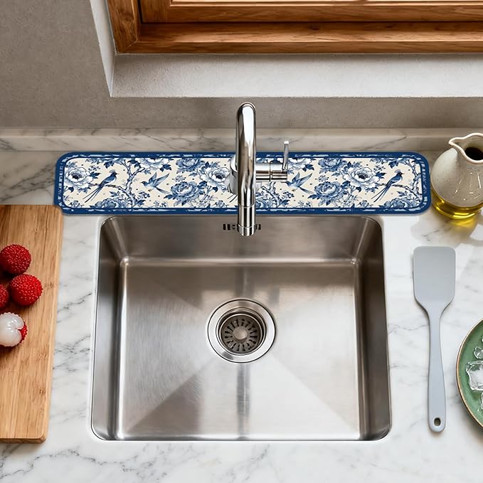 2 Pcs Kitchen Sink Splash Guard Faucet Mats Vintage Porcelain Flowers and Birds Pattern Faucet Mat for Sinks Absorbing Drying Mat for Kitchen Bathroom, 23.6x5.5inch
