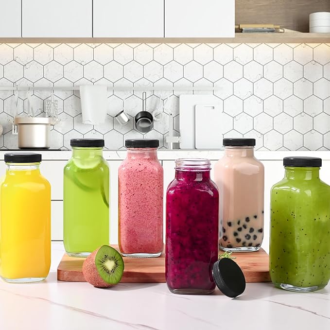 10 Pack 16oz Glass Juice Bottles with Lids - Reusable Juicing Bottles Glass Drinking Jars Containers with Airtight Lids & Cleaning Brush - Perfect for Juicing,Milk,Kombucha, and Storage