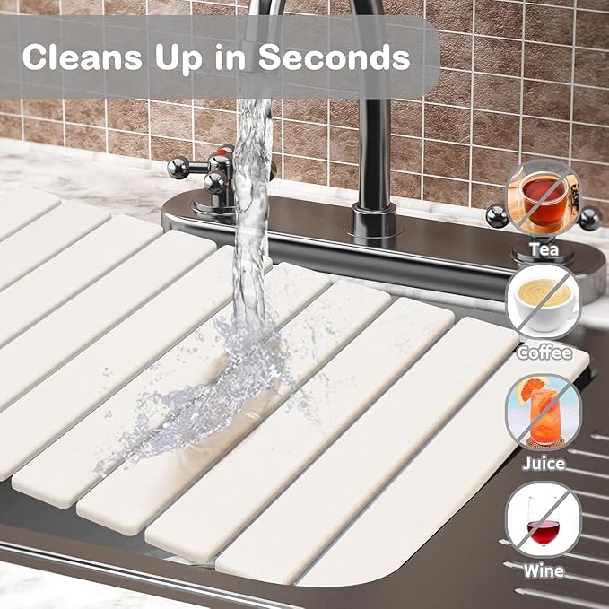 2 PCS Large Stone Dish Drying Mat for Kitchen Counter, 24"×16" Dish Drying Mat with 8"x 4" Coasters, Non - Slip Collapsible Absorbent Mat for Multi - Purpose, Match Any Countertop【White】
