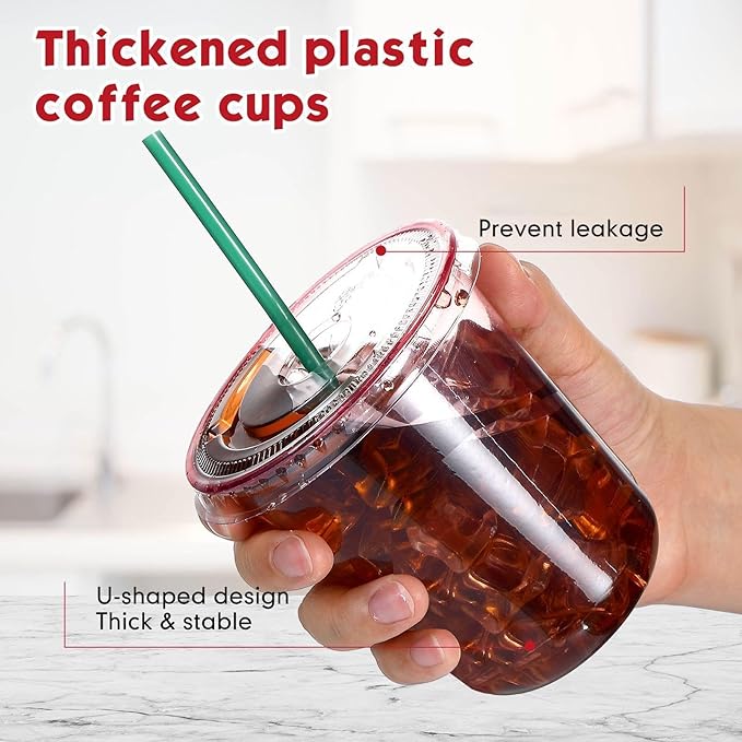 Baderke 25 Set Plastic Cups with Lids and Straws, Disposable Plastic Iced Coffee Cup for Cold Beverage Juice Smoothie Crystal for Coffee Shops Party Catering (Pink,14 oz)