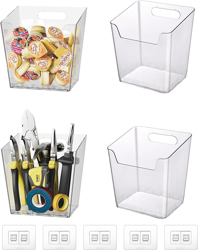 Clear Adhesive Wall Storage Bins, 4 Pack Cabinet Door Organizer Holders, Hanging Wall Mount Pockets, Plastic Cups for Shower Bathroom Makeup Office Craft Remote Kitchen Sink RV Organization (Large)