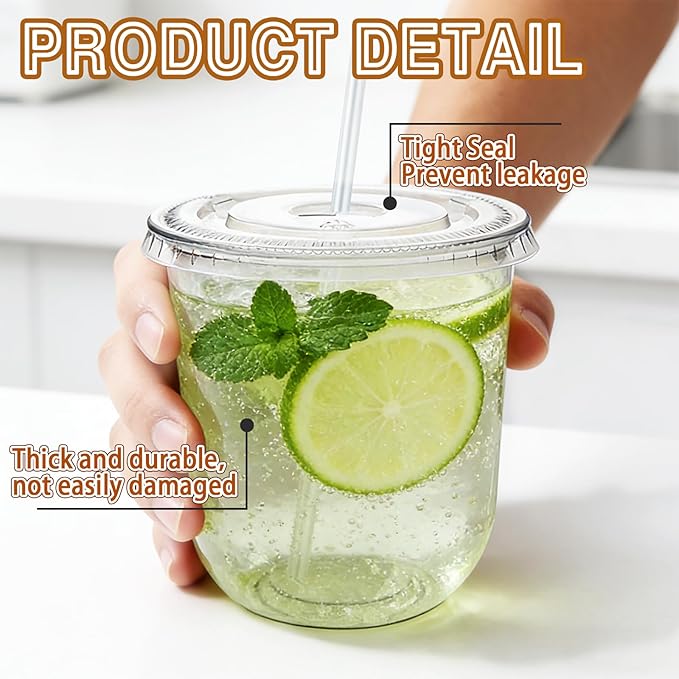 Alaeseje 100 Pack Clear Plastic Cups with Lids and Straws,12 oz Disposable Iced Coffee Cups,PET Crystal Cups,Round Bottom To Go Cup for Iced Coffee Juice Smoothie Cold Beverage