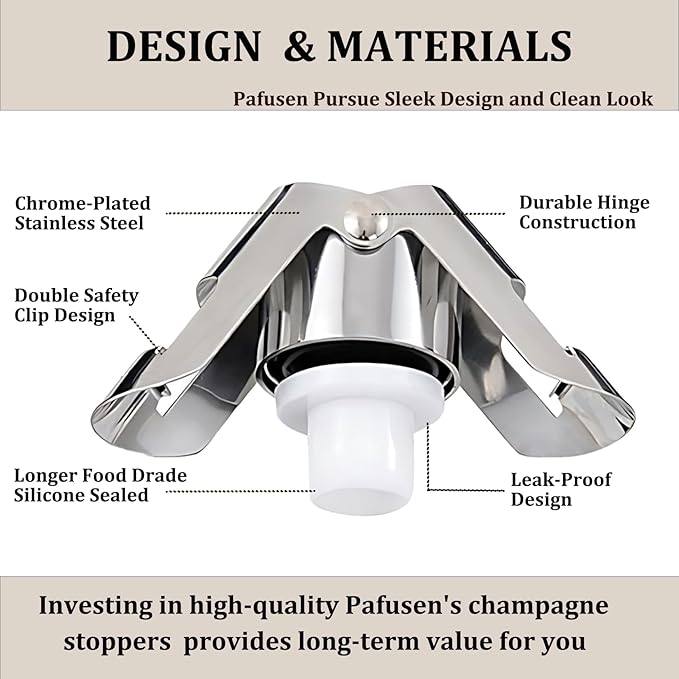Champagne Stoppers for Bottles, Pafusen 2 Pack Champagne Sealer Stopper, Stainless Steel Champagne Cork Stopper Toppers, Saver for Champagne Cava Prosecco Sparkling Wine