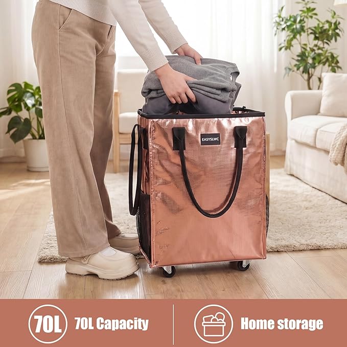 Reusable Hauler Rolling Tote Bag, Collapsible Portable Shopping Bag with Wheels for Groceries, Apartments Laundry, Organization,Heavy Duty Utility Tote Bag for Travel Moving, 75lbs, Rose Gold