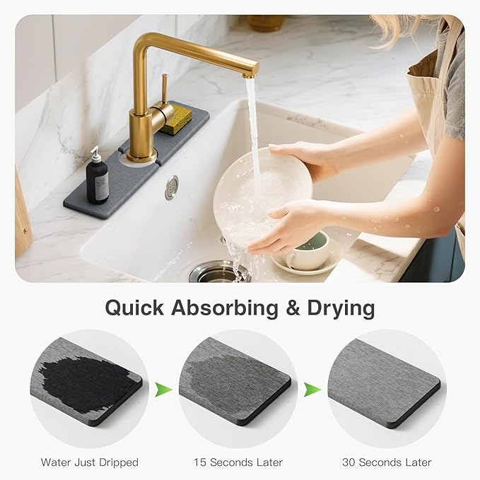 15.8" x 4" Stone Faucet Mat for Kitchen Sink, Quick Drying Diatomite Sink Tray, Faucet Sink Splash Guard for Prevents Moisture Buildup (Dark Gray)