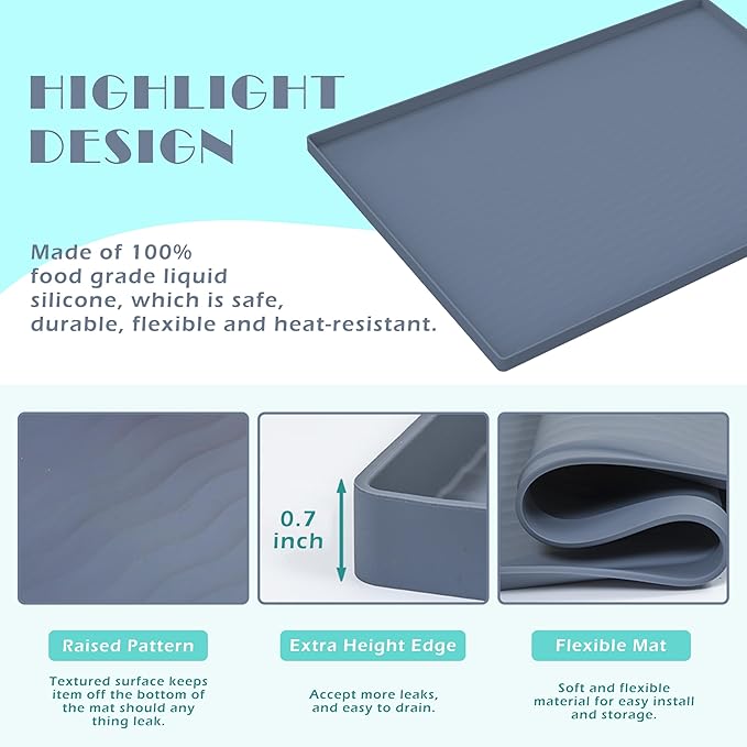 URMONA Waterproof Silicone Under Sink Mat 22'' x 19'' Shelf Liner for Kitchen and Bathroom, Cabinet and Counter Protector, Storage and Organizers, Litter Mat, Pet Cat Puppy Essentials(Light Grey)