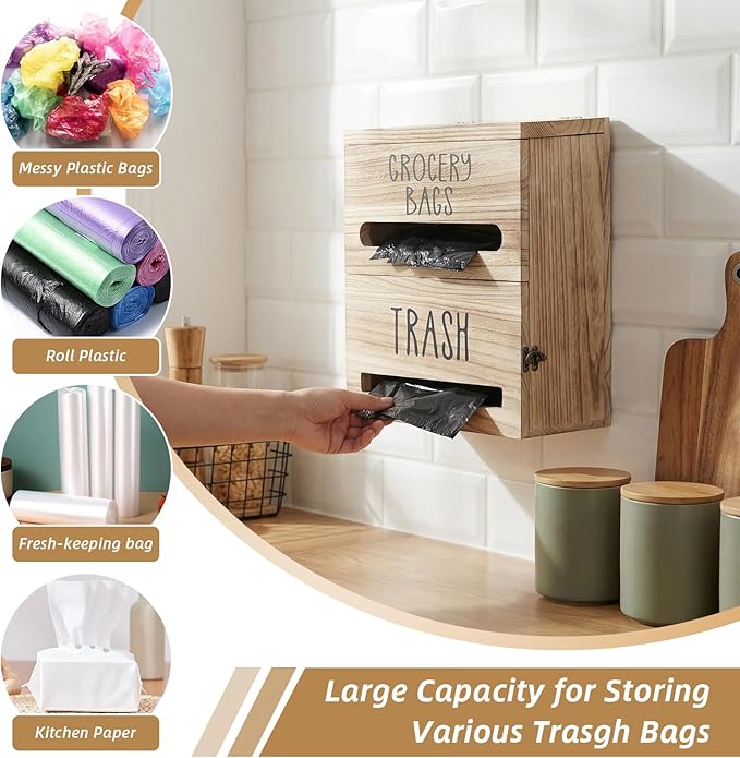 2 in 1 Trash Bag Dispenser, Double Wall Mounted,Wood Trash Bag Holder, used in kitchen, garage, laundry room, can store Environmentally friendly food bags (White/Brown(10inch*5.5inch*12.2inch）)