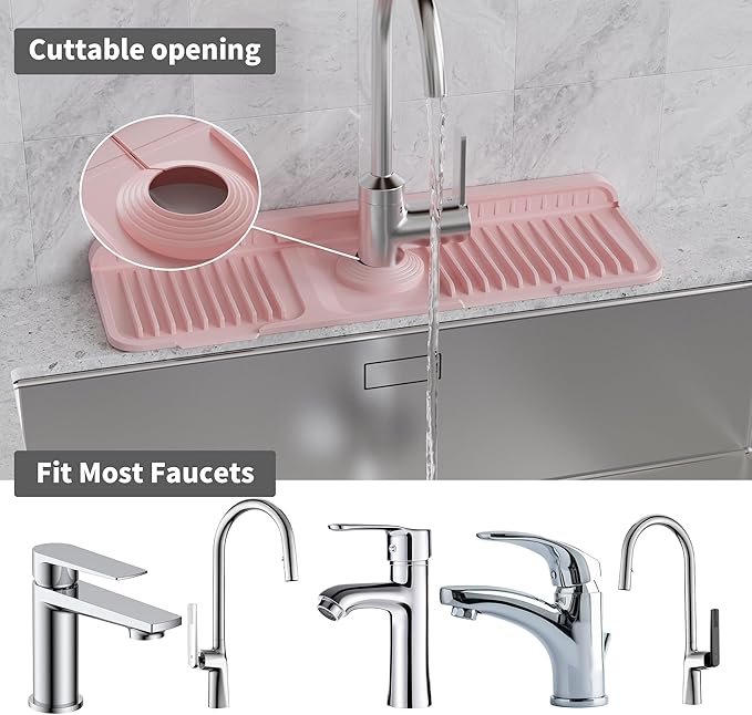 WAFT YEARN 17X5 Inch Silicone Durable Faucet Mat Kitchen Sink Splash Guard Draining Protector Tray Liner Absorbent Protective Counter Accessories For Sink Kitchen Bathroom Laundry Room Bar & RV Pink