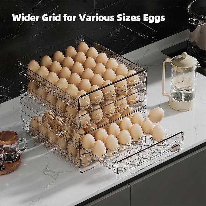 HIYOHIYO Clear 24 Egg Holder for Fridge, Large Egg Organizer for Refrigerator, Stackable Egg Storage Trays for Countertop, Eggs Drawer Dispenser with Time Scale (2 Layer, 7.9"x 6.3"x 5.5")