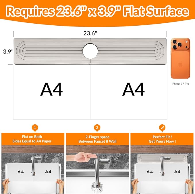 23.6 Inch Stone Faucet Mat for Kitchen Sink Splash Guard, Diatomite Sink Protectors for Kitchen Sinks Behind Faucet, Quick Dry Water Absorbing Stone Tray , Drip Catcher (Gray, 23.6" x 3.9")