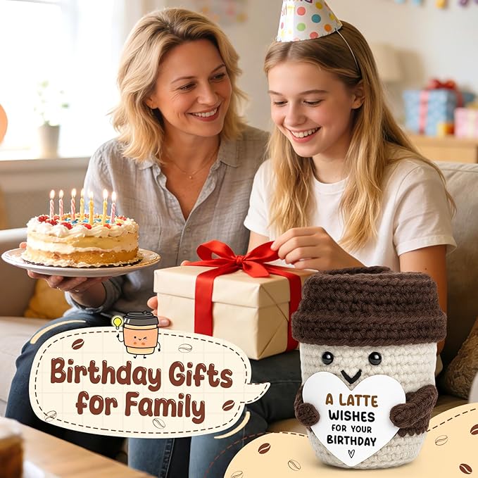 Coffee Lover Birthday Gifts for Coworker Female Women Men Best Friend Sister Coffee Gifts Espresso Happy Birthday Decoration Card Knitted Crochet for Her Him Son Daughter Wife Husband Boss