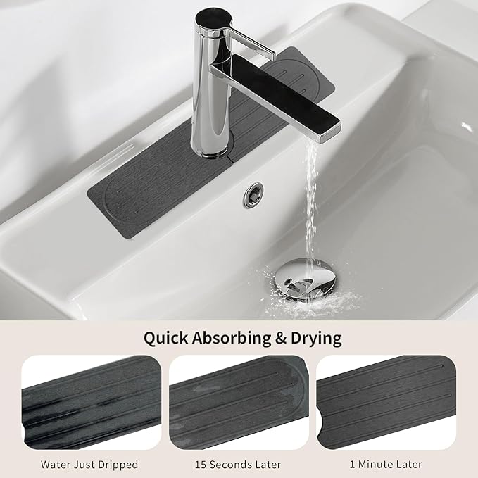 Stone Faucet Mat for Kitchen Sink, Diatomite Fast Drying Absorb Moisture Tray, Prevents Water Buildup, Durable Anti-slip Splash Guard Sink Protector (Dark Gray, 15.7"x4")