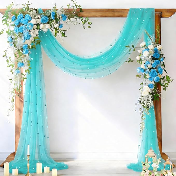 Socomi Pearl Table Runner Teal Blue Summer Wedding Arch Draping Fabric 19FT Sheer Tulle Chiffon Gauze Cheese Cloth Outdoor Drapes for Birthday Party Baby Shower Bridal Engagement Decor