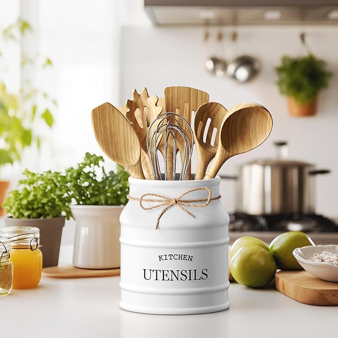 Barnyard Designs Ceramic Farmhouse Utensil Holder for Kitchen Counter, Large Rustic Utensil Crock, Countertop Cooking Tool Spatula Organizer, 6.75” (White)