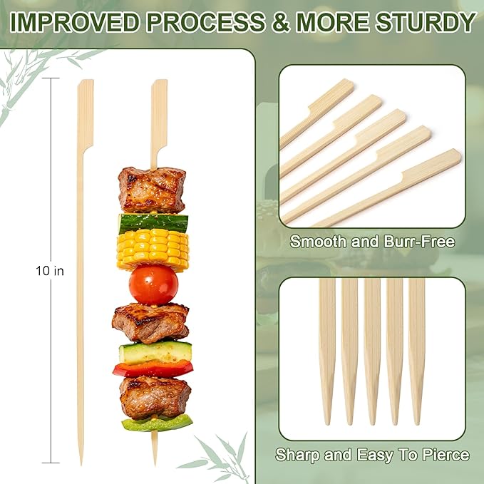 200PCS Bamboo Skewers for Appetizers, 10 IN Long Fancy Toothpicks for Appetizers Cocktail Picks, Flat Paddle Wooden Skewers Food Sticks for Fruit Kabobs Charcuterie BBQ Grilling Party Supplies