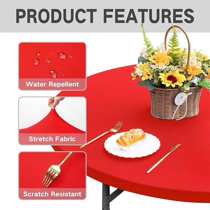 Round Fitted Table Cover Elastic Tablecloth 5ft Stretch Spandex Table Top Cover for Dining Kitchen Home Party Red 60 Inch