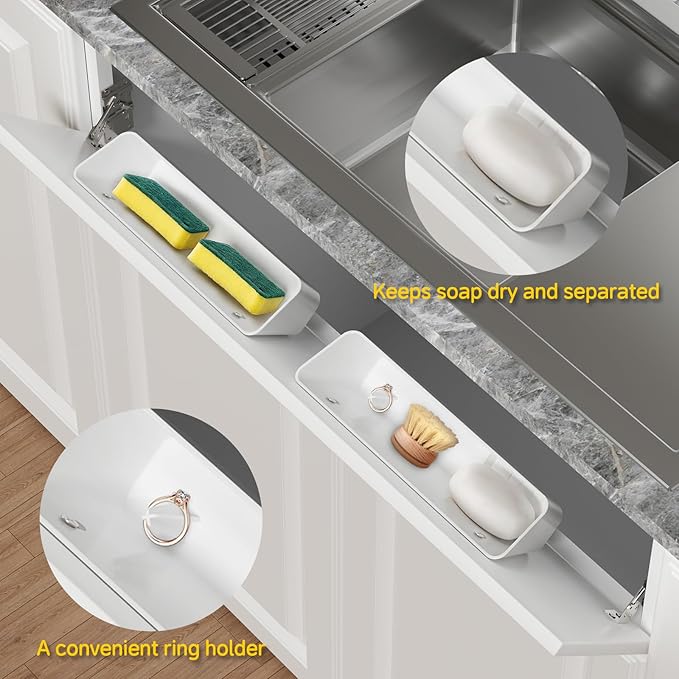 Onemake 2 Pack Tip Out Tray for Sink with Hinges, 11" Sink Drawer Tip Out Tray Kit, Kitchen Hardware, Pullout Home Organizers, Self Closing Under Cabinet Shelf, Sponge Holder for Bathroom, White
