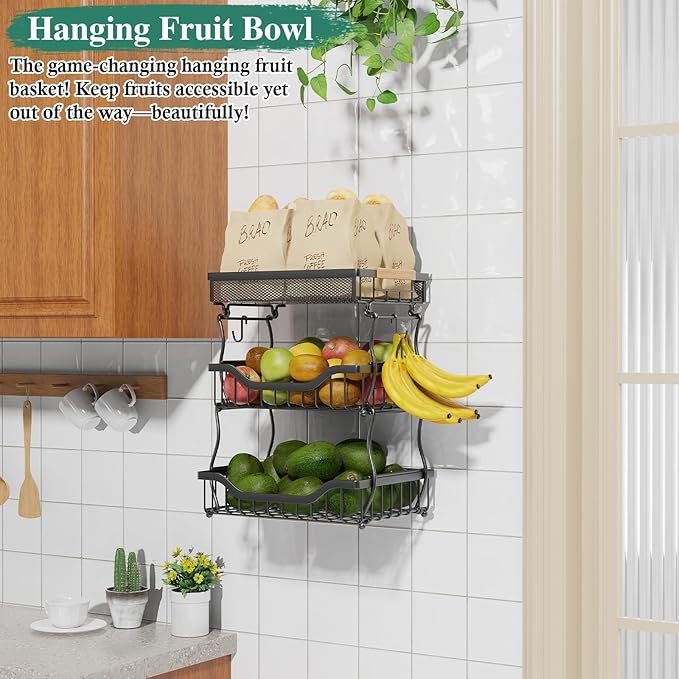 OKZEST 3-Tier Fruit Basket for Kitchen Counter, Wall Hanging Fruit Bowl and Kitchen Countertop Organizer with 2 Banana Hangers, Fruit Storage Stand for Storing Potato Onion Snack Bread Fruit Veggie