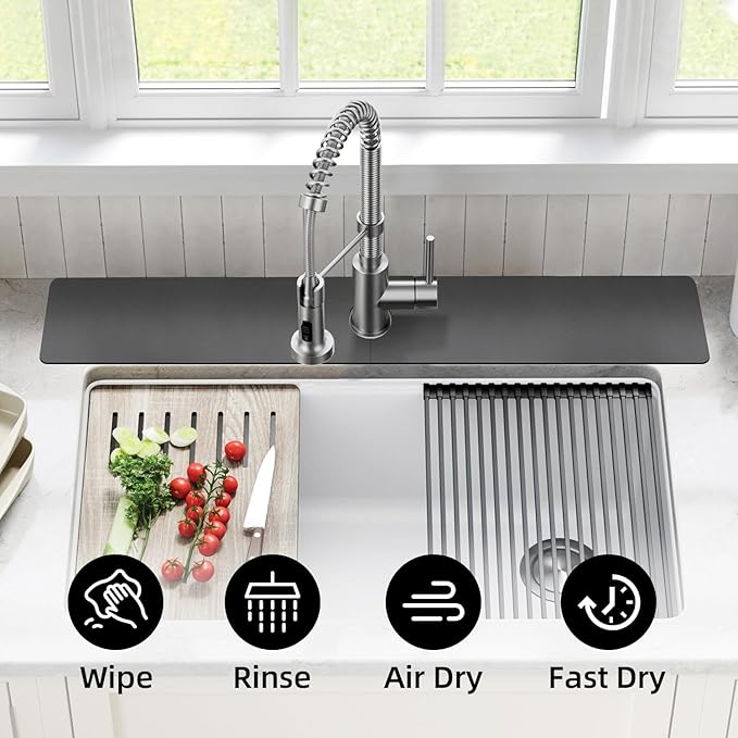 LOPNUR Faucet Mat for Kitchen Sink Protectors, 29 Inch Extra Long Kitchen Sink Splash Guard Behind Faucet, Cuttable Bathroom Water Splash Guard with Super Absorbent Diatomite Fast Drying, Grey