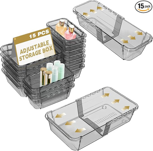 15 Pcs Extendable Clear Drawer Organizer, All Adjustable Vanity Storage Box, 2-Size Desk Drawer Organizer, Acrylic Storage Bins for Makeup, Bedroom Dressers Tool Organizer for Gadgets, Black